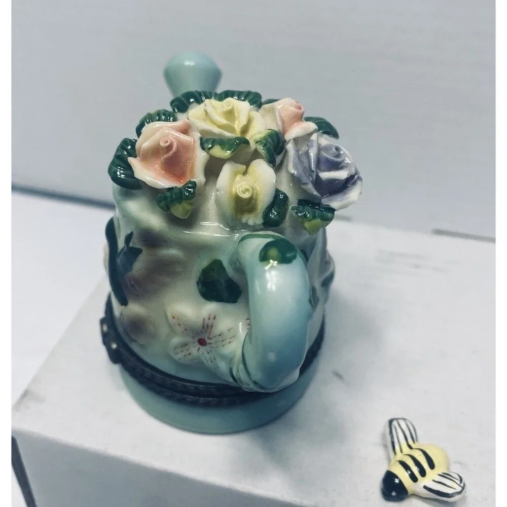 Vintage Porcelain Hinged Trinket Box Watering Can Hummingbird BumbleBee Flowers